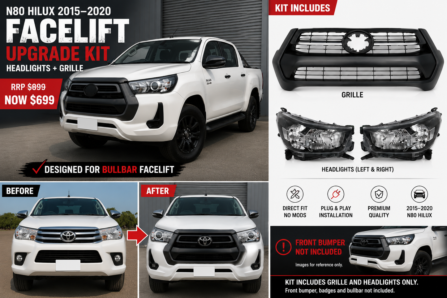 N80 Hilux 2015–2020 Facelift Upgrade Kit – Headlights + Grille